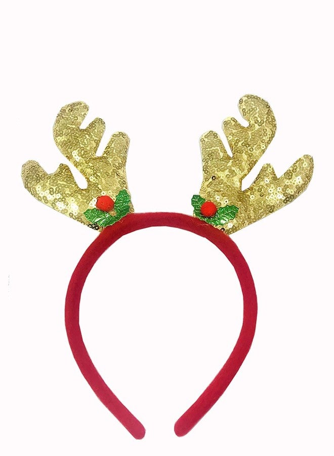 ANG Red, Golden Sequience Christmas Sequence Reindeer Head Band Hair Band for Christmas Party/Hairband for Christmas Xmas Funny Party New Year Party for Children or Adult and Girls (2 Pcs pack) - Image 2